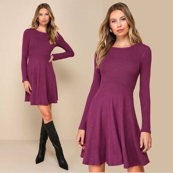 NWT Lulus Fit and Fair Mauve Purple Ribbed Knit Long Sleeve Skater Dress - Picture 1 of 10